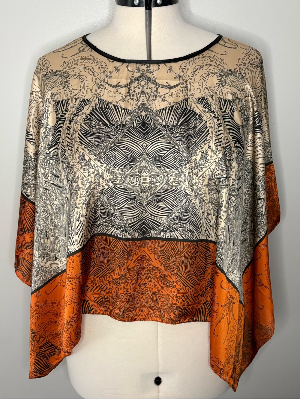 Printed Silk-Look Poncho Top in Orange and Neutral